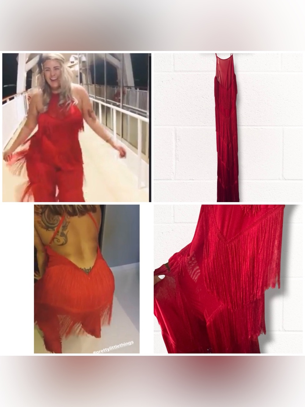 PrettyLittleThing Red Fringe Jumpsuit, US 12